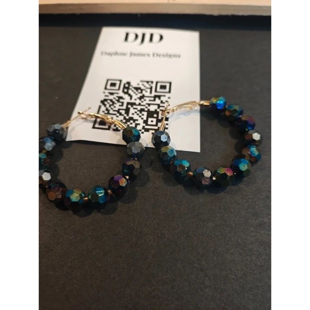 Handmade Beaded Hoop Earrings | Iridescent Faceted  Beads